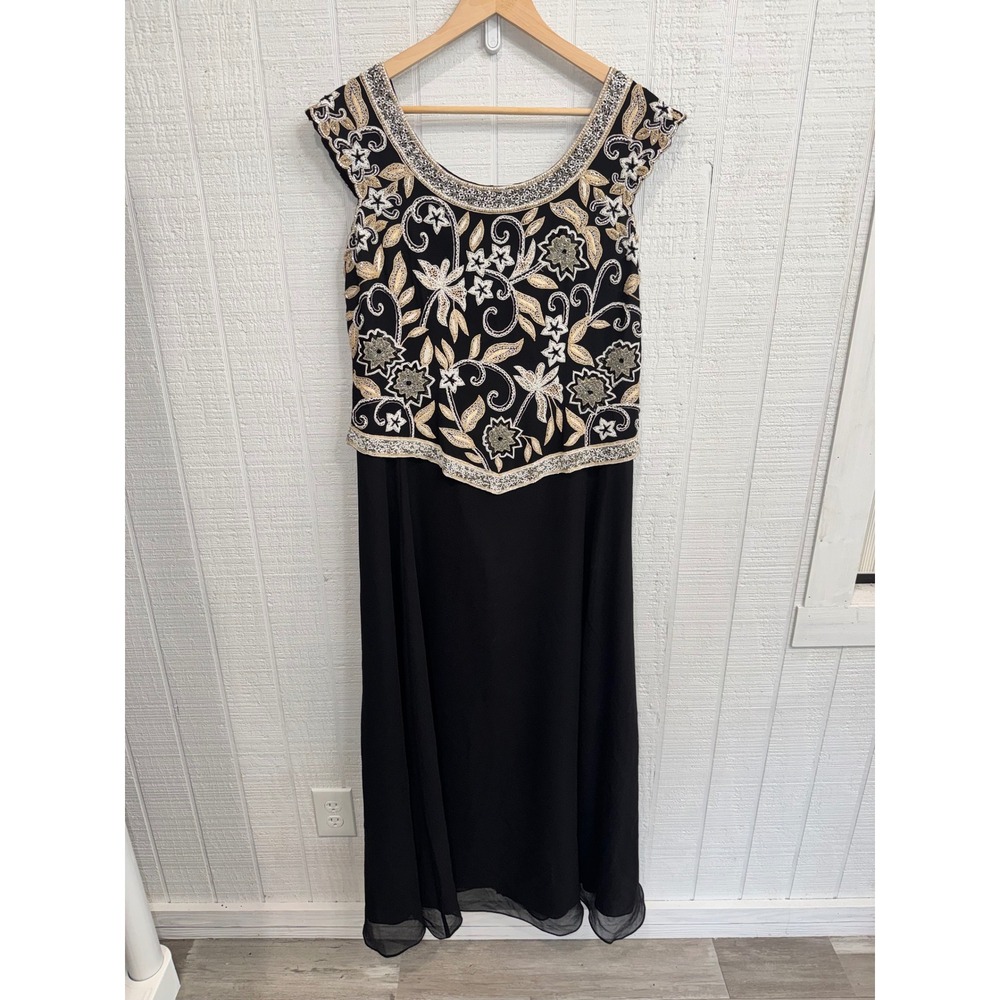 JKARA Maxi Dress Women Black Beaded Floral Sequin Evening Gown 10